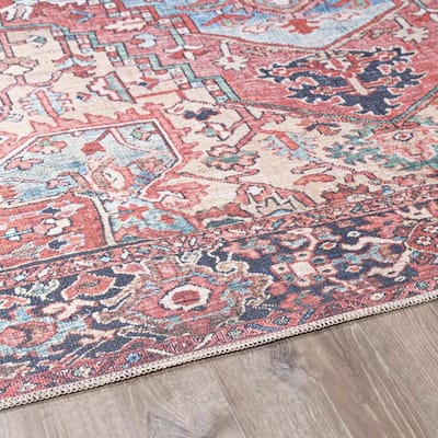 Neyland Machine Washable Oriental Traditional Persian Medallion Dark Red, Burgundy, Blue Area Rug