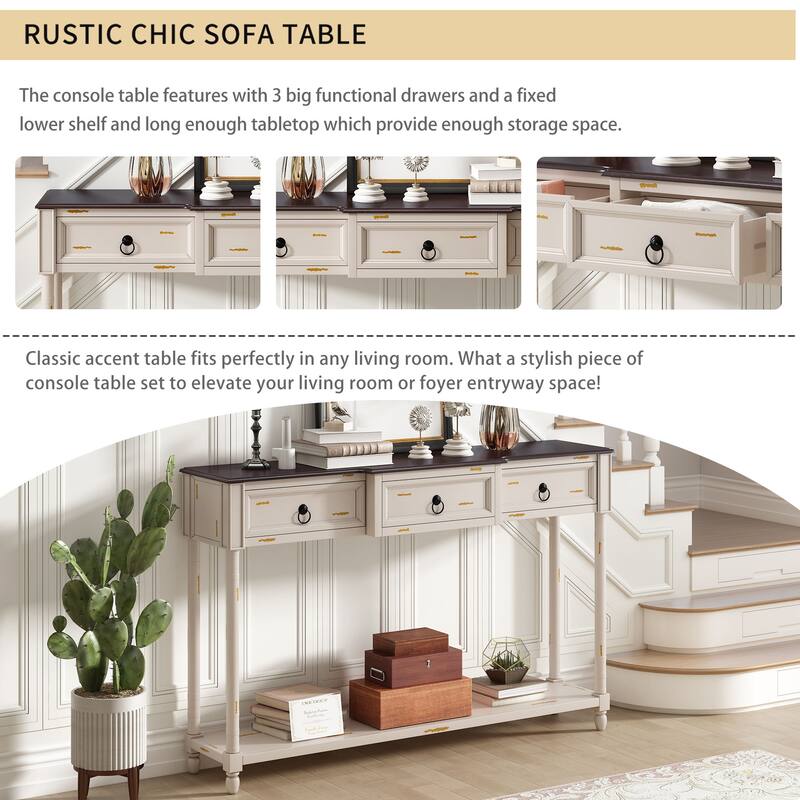 Rustic Chic Console Table with Projecting Drawers and Bottom Shelf