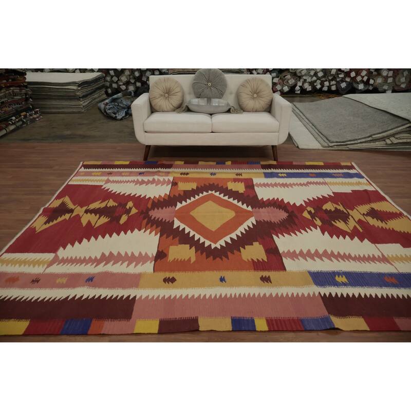 Hand Woven Oriental 100% Wool Carpet Southwestern Tribal Multi-Colored Kilim Area Rug - 9' 5'' X 7' 9''
