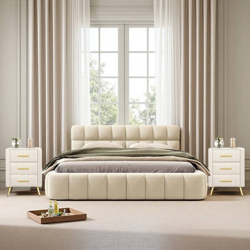 3-Pieces Bedroom Sets, Queen Size Upholstered Platform Bed with Thick Fabric ,and Two Nightstands with Metal Legs&Handles