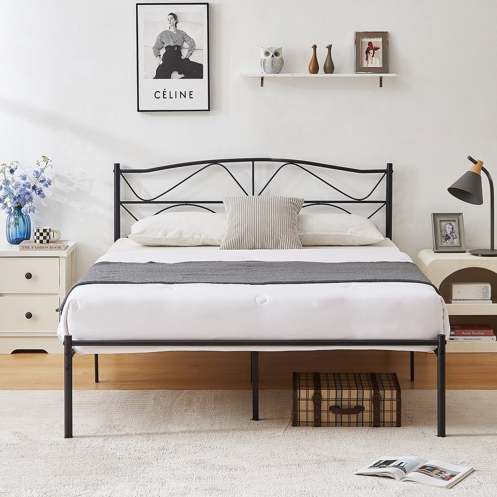 VECELO Wave Design Metal Bed Frame with 12.6" Underbed Storage High Headboard Industrial Platform Bed