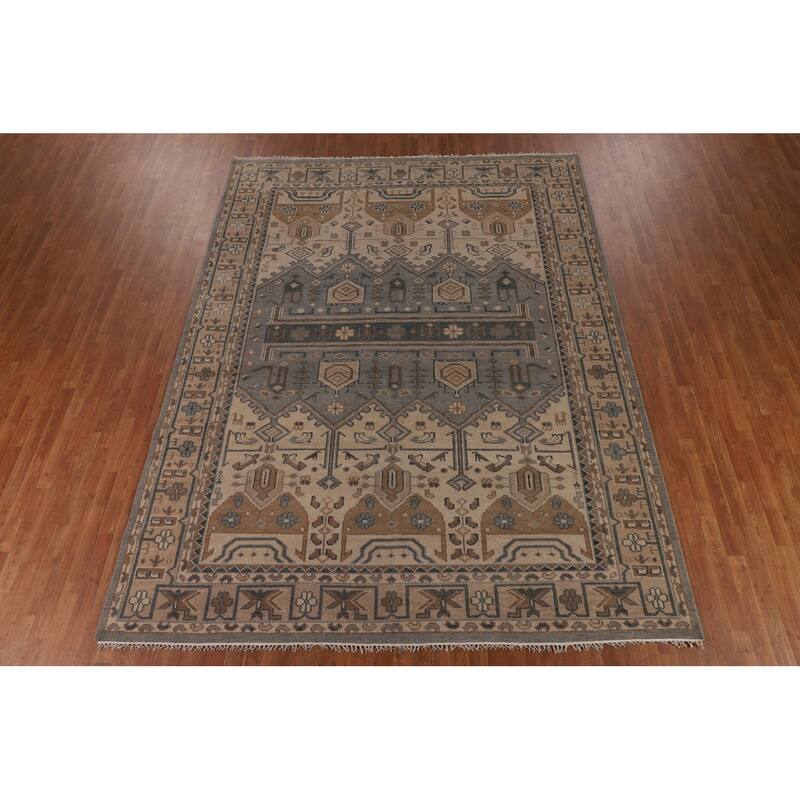 Geometric Khotan Indian Area Rug Hand-Knotted Beige Wool Carpet - 8'10" x 11'10"