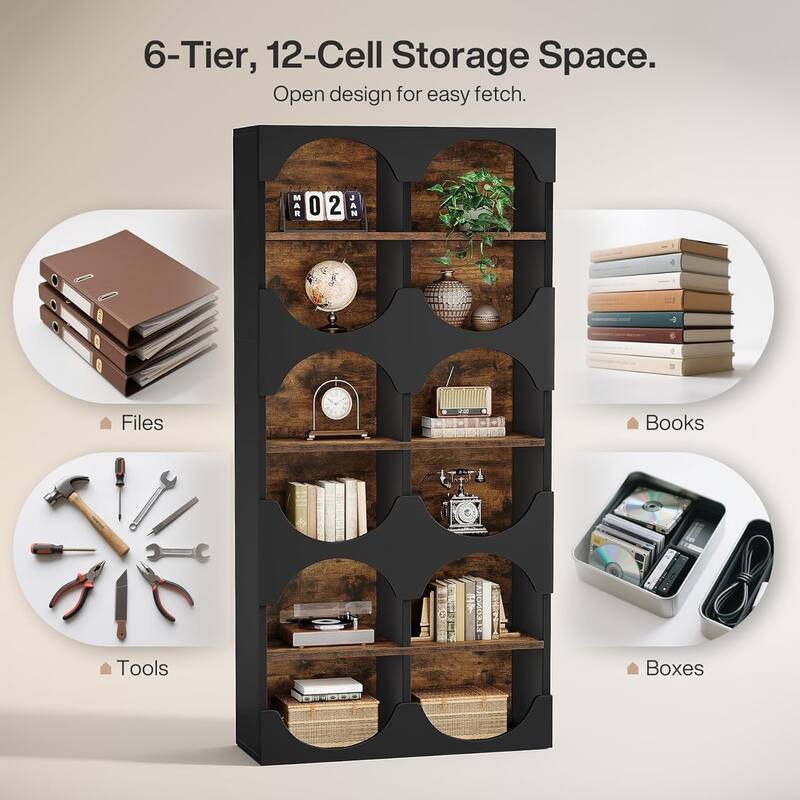 6-Tier Open Bookshelf, 70.8-Inch Tall Bookcase with Half Round Edges