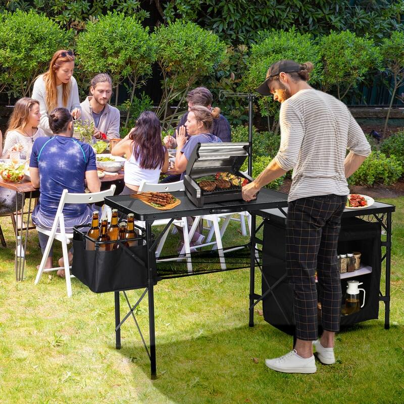 Portable Folding Camping Kitchen Table with Storage Organizer, Light Pole, Side Bag & Hooks for Outdoor Cooking