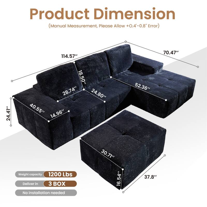 HOOOWOOO Modern Sparkly Velvet Fabric Chaise Sofa Couch with Ottoman