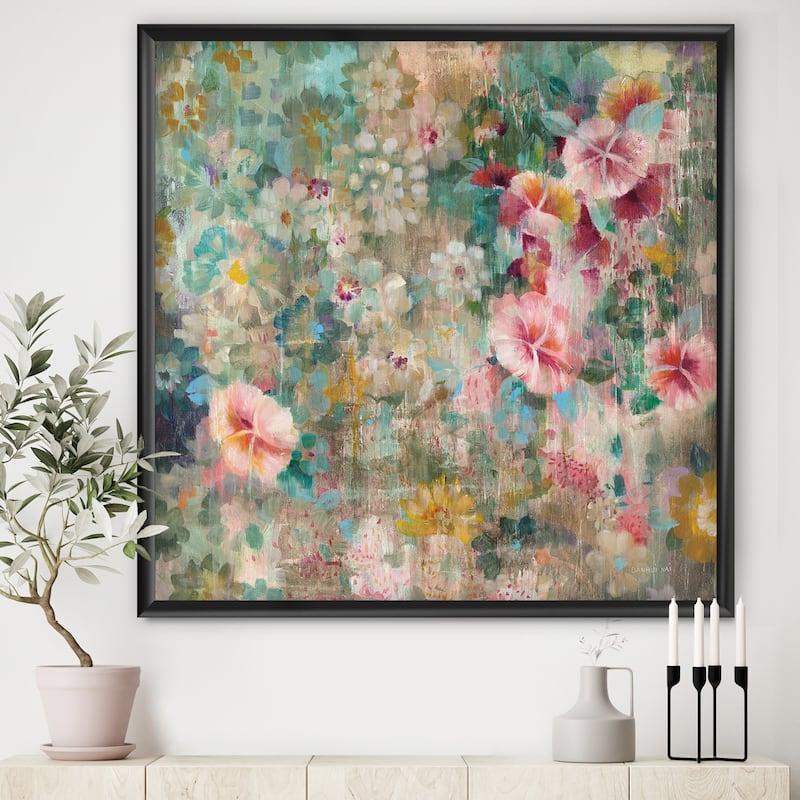 Designart "Flower Shower III" Farmhouse Framed Art Print - 16 in. wide x 16 in. high - Black