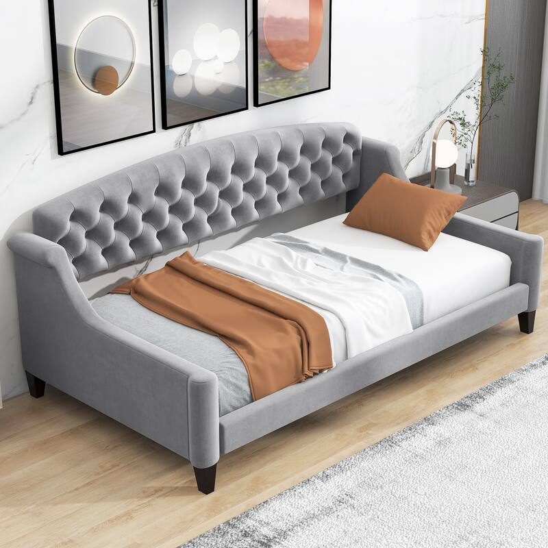 Twin Velvet Daybed with Button Tufted Backrest - Gray