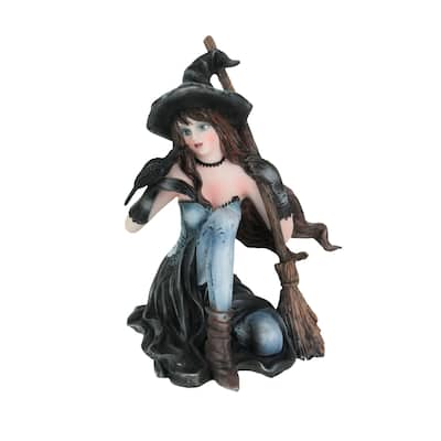 Sitting Witch Holding Broomstick W/Black Raven Figurine Statue - 5.5 X 4.25 X 4.25 inches
