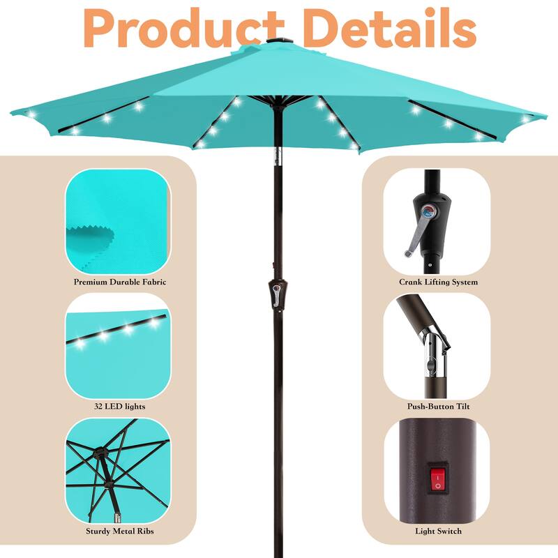 9ft Patio Market Umbrella with LED Lights,Crank & Tilt