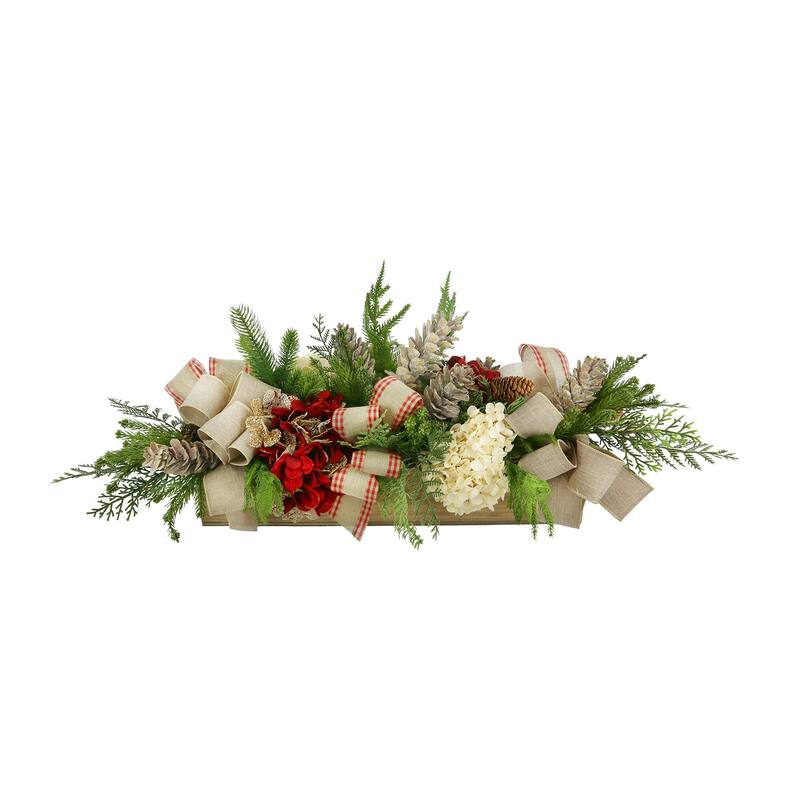 Hydrangea Holiday Arrangement with Evergreen and Bows in a Wood Planter - Red, Beige, Green, Browns - 15Hx38Wx18D