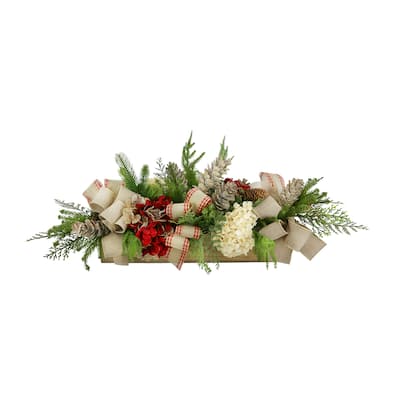 Hydrangea Holiday Arrangement with Evergreen and Bows in a Wood Planter - Red, Beige, Green, Browns - 15Hx38Wx18D