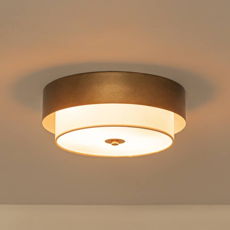 13.8" W Mid-Century Modern Tiered Flower/Circluar Drum Ceiling Light in Distressed Stain Gold with White Fabric Shade