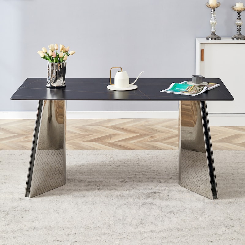 Marble-Patterned Slab Dining Table with Stainless Steel Butterfly Legs，designed to be scratch and heat resistant - Black,Silver