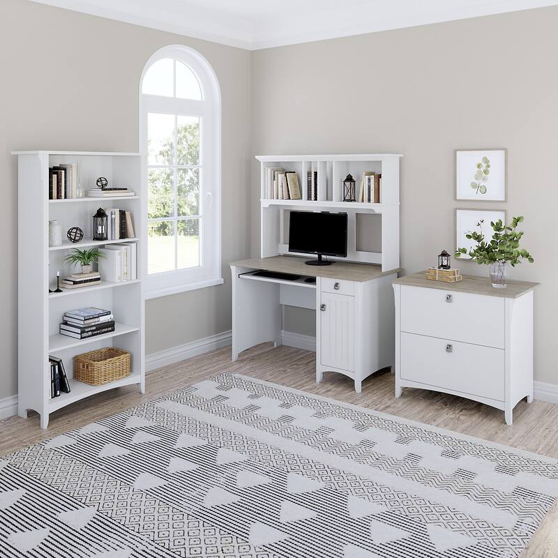 Bush Salinas Mission Desk with Hutch Office Suite in Cape Cod Gray - Shiplap Gray/Pure White