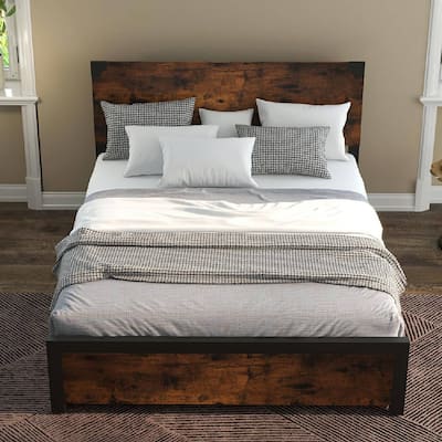 Rustic Queen Size Bed Frame with Wood Headboard