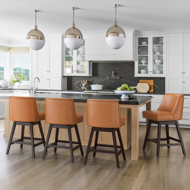 Modern 26 in. H Counter Height Bar Stools Upholstered 360 Free Swivel Counter Stools with Nailhead Trim - Set of 4 - Brown
