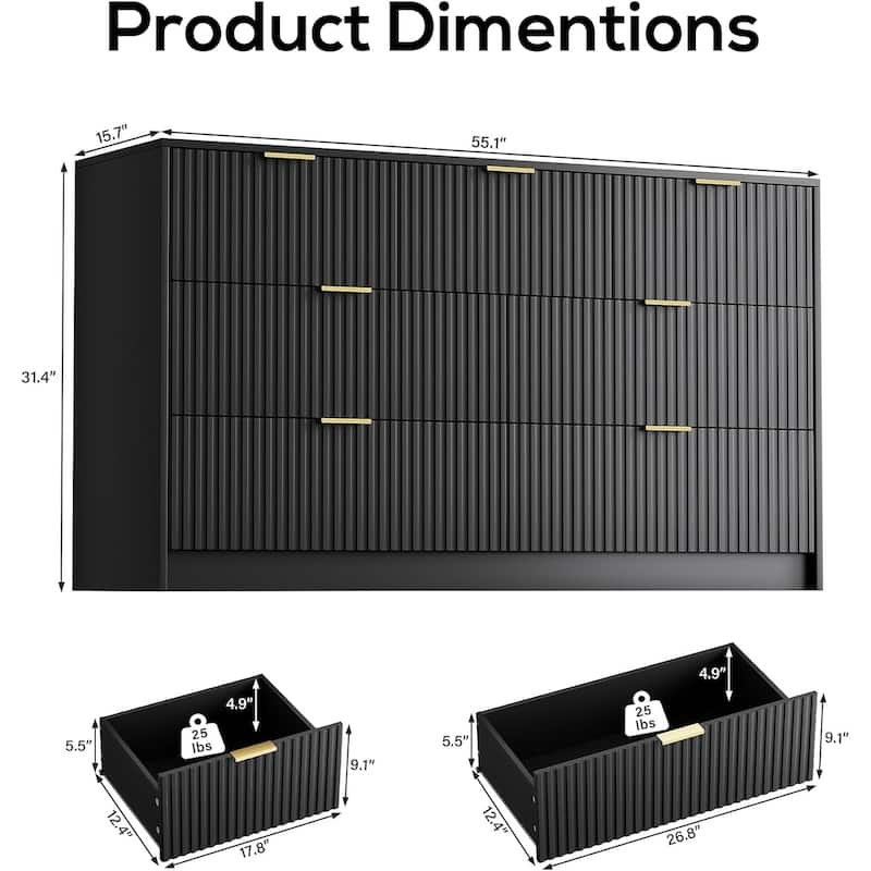 7 Drawer Dresser Fluted Wood Clothes Storage Cabinet, Modern Wide Dresser for Bedroom