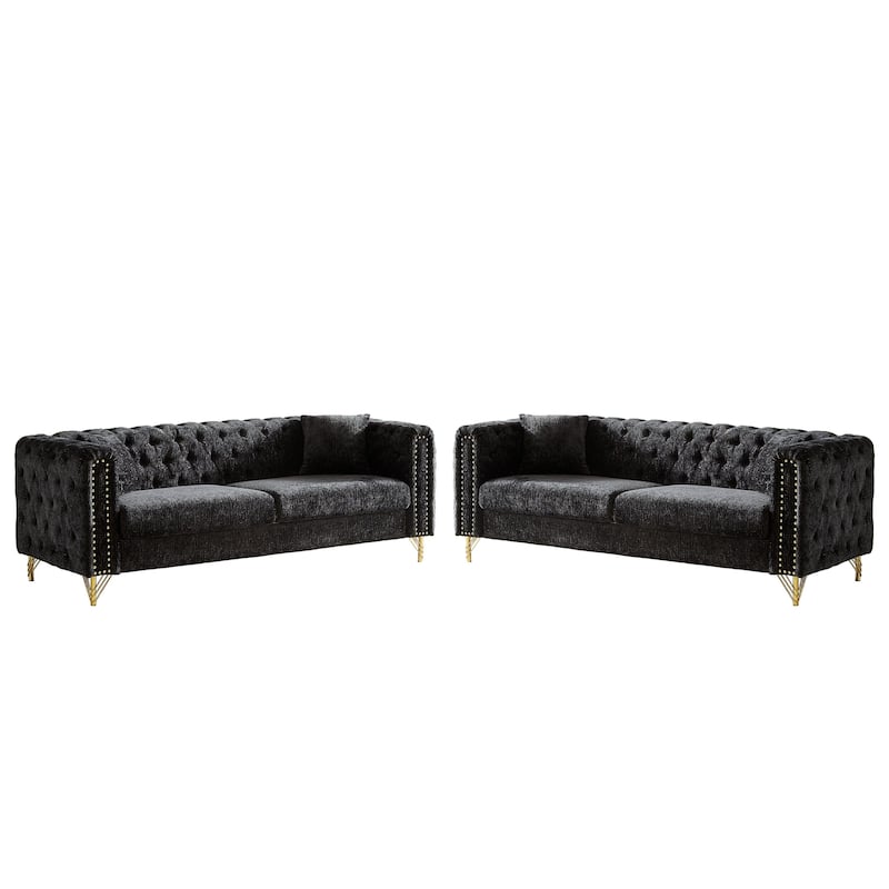 Chenille Chesterfield Sofa with Copper Nailhead Detail and Metal Legs, Button Tufted Couch for Living Room