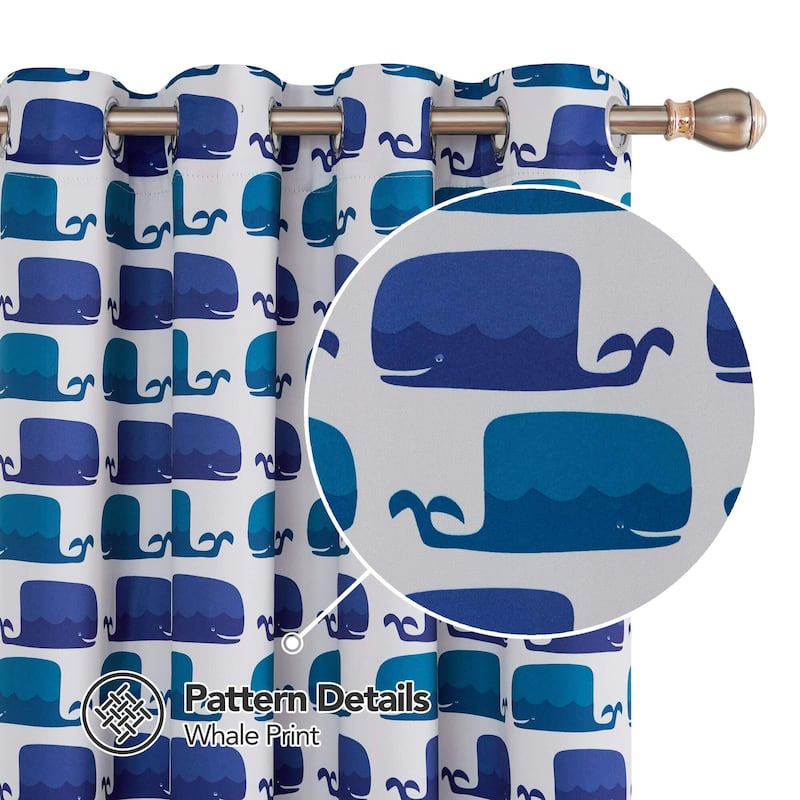 Deconovo Whale Print Blackout Curtains, 52x95 In, 2 Panels - W52 x L95
