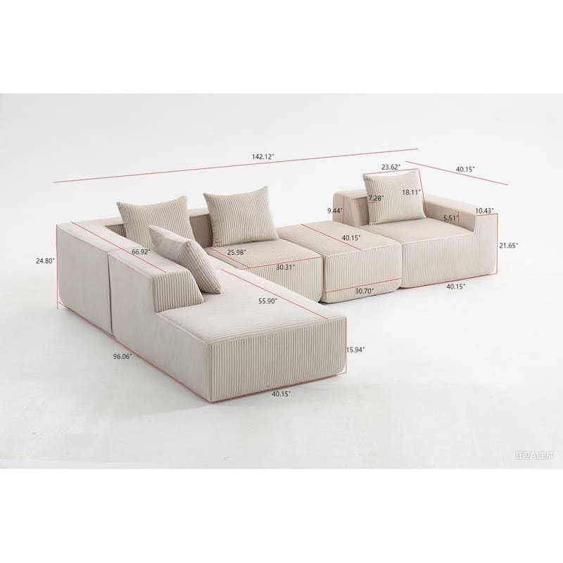 Corduroy Modular Sectional Sofa with Chaise Lounge, Deep Seat, Ottoman