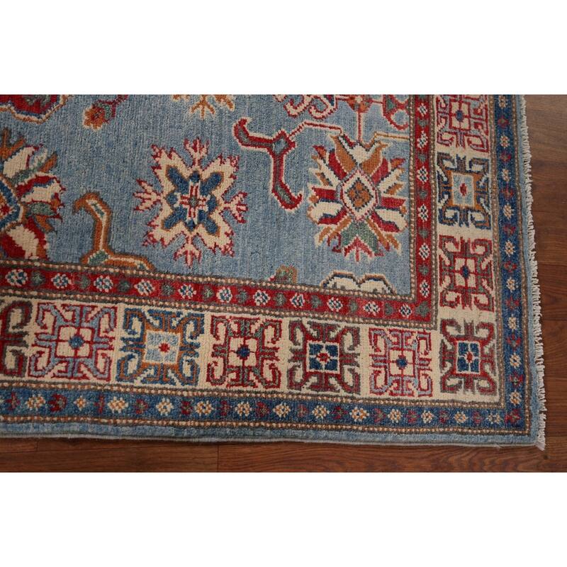 Light Blue Geometric Kazak Accent Rug Hand-Knotted Wool Carpet - 2'11" x 4'11"