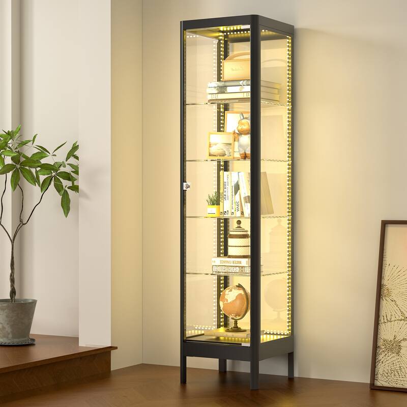 5-Tier Tempered Glass Curio Display Cabinet with Adjustable Shelves - 63"H x 15.4"W x 15.8"D - Black