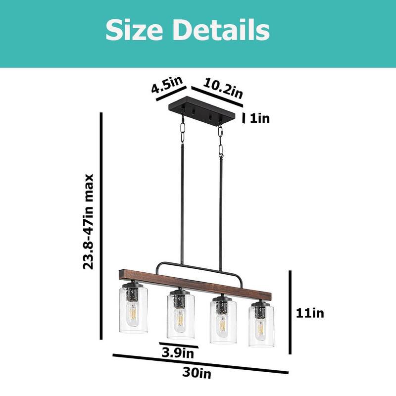 4 Light light fixture black, wood dining light metal, wood pendant light