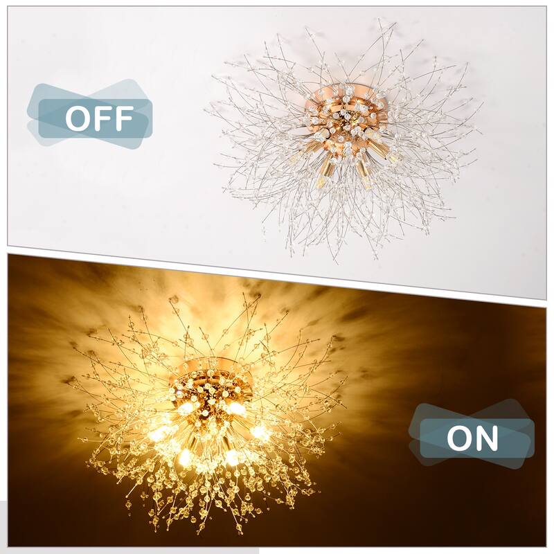 Crystal Flush Mount Ceiling Light, Modern Sputnik Firework Close to Ceiling Lamp - Golden + Crystal - 19.7