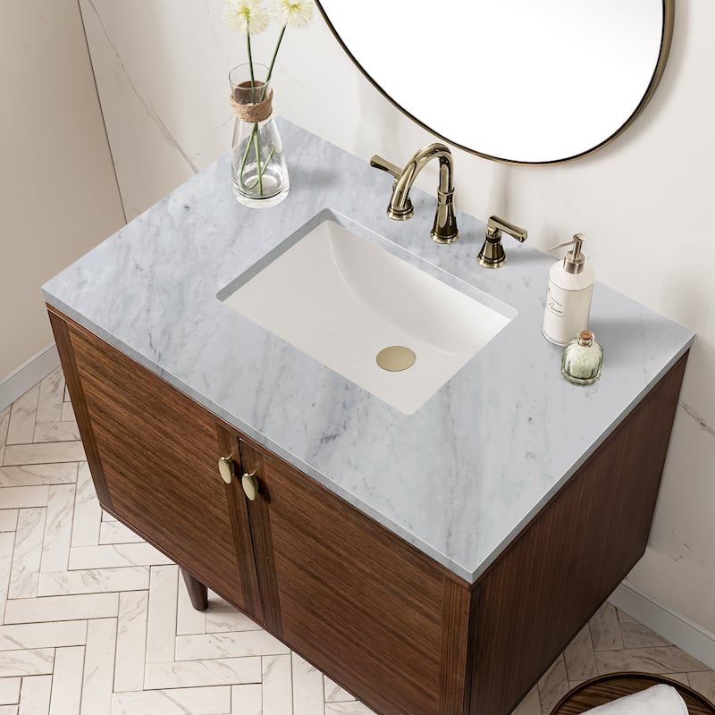 James Martin Vanities Amberly 36" Single Vanity, Mid-Century Walnut - Carrara Marble