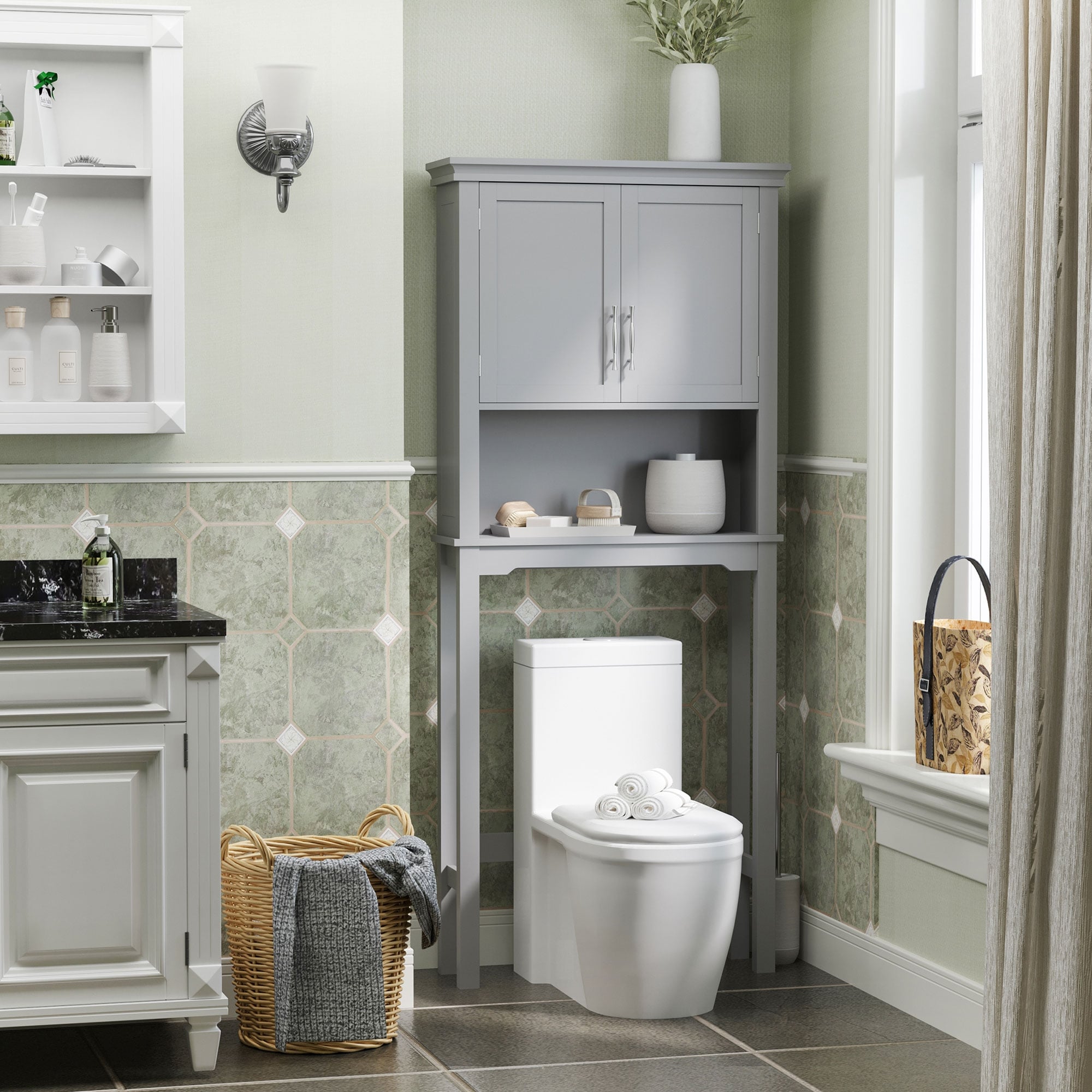 Modern Over The Toilet Storage Cabinet, Double Door Bathroom Organizer with Adjustable Shelf and Open Shelf