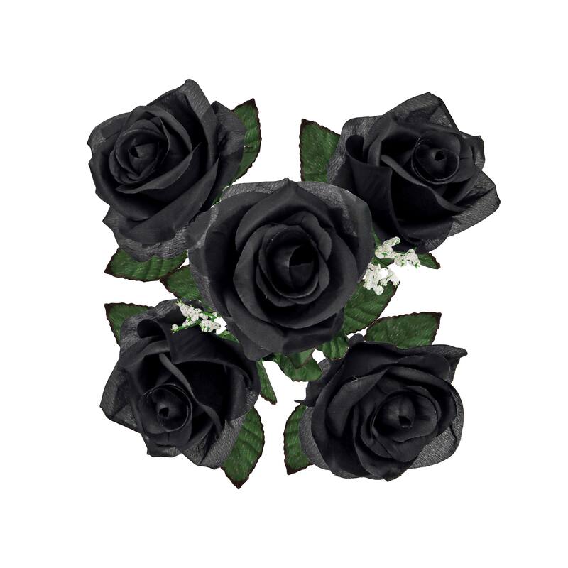Set of 12 Black Artificial Open Rose Flower Stem Bush Bouquet 14in - 14" L x 7" W x 7" DP