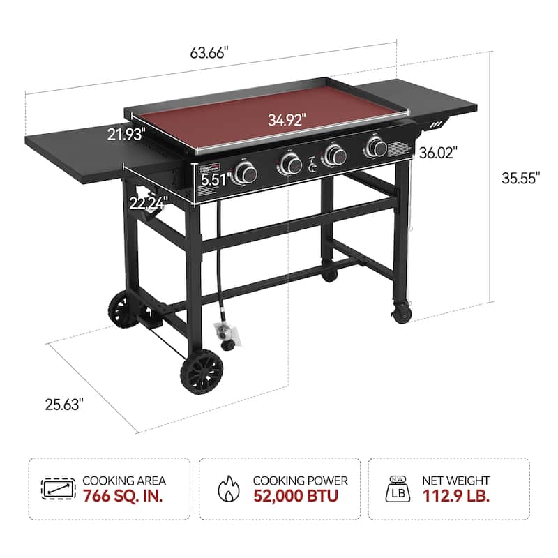 Royal Gourmet Flat Top 4-Burner Gas Grill Griddle, with Cover, Black