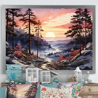 Designart "Pine Tree Winter Horizon" Tree Pine Framed Canvas Wall Art ...