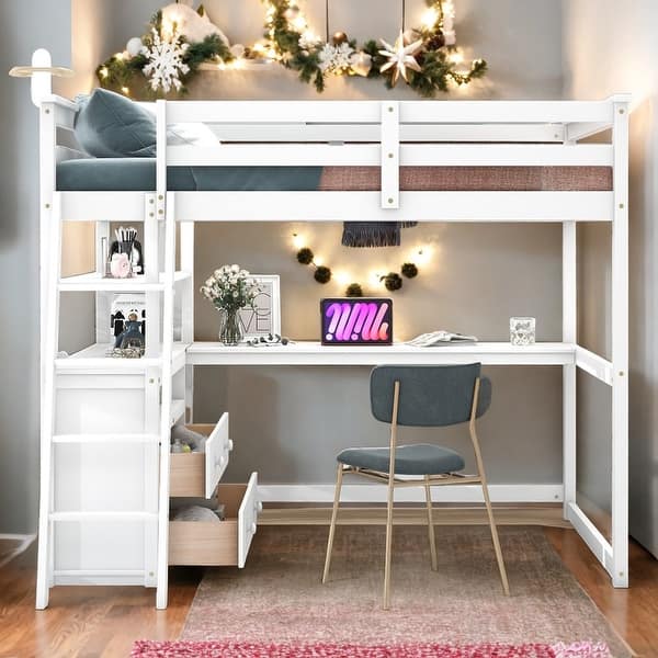 slide 2 of 18, Stylish & Simple Full Size Loft Bed with Desk and Shelves, 2 Built-in Drawers, Safety Guaranteed, Multifunctionl Design, White White