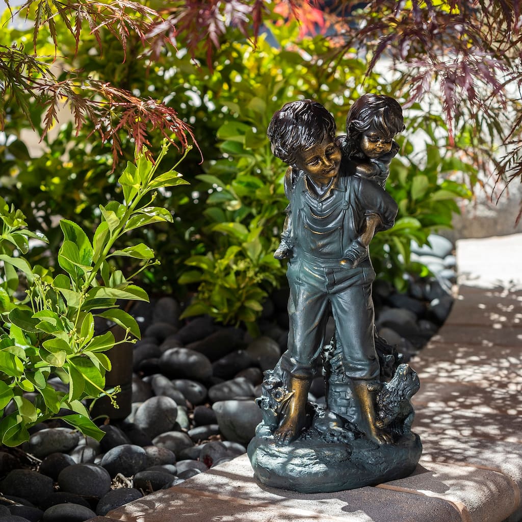 Alpine Corporation 16" Tall Indoor/Outdoor Patina Finish Piggyback Kids Yard Statue Decoration