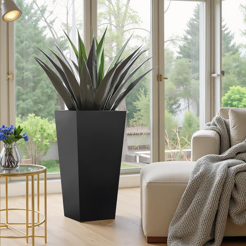 25" H Tall Metal Tapered - Large Outdoor & Indoor Garden Plant Pot with Drainage Hole and Rubber Plug, Stylish Burnished
