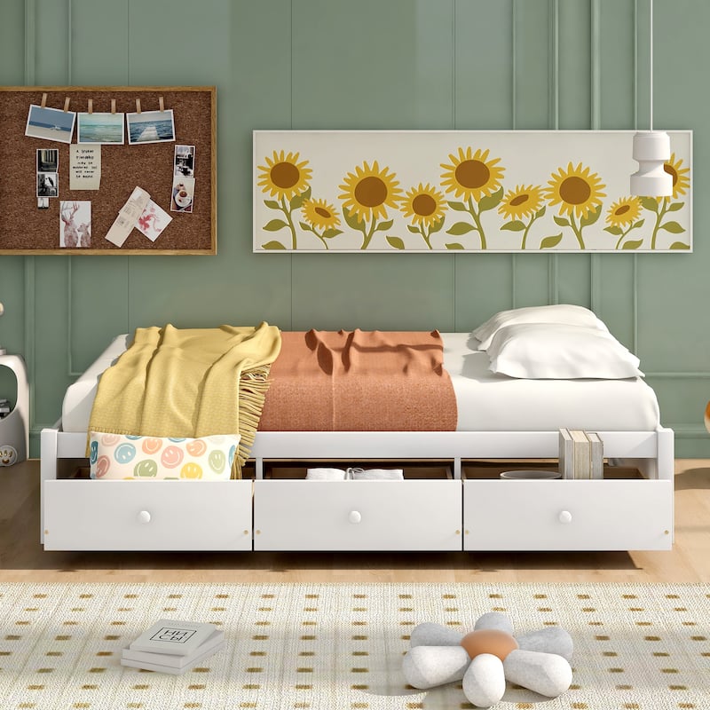 Twin Size Storage Platform Bed with 3 Drawers, Wood Slat Support, No Headboard - White - Twin
