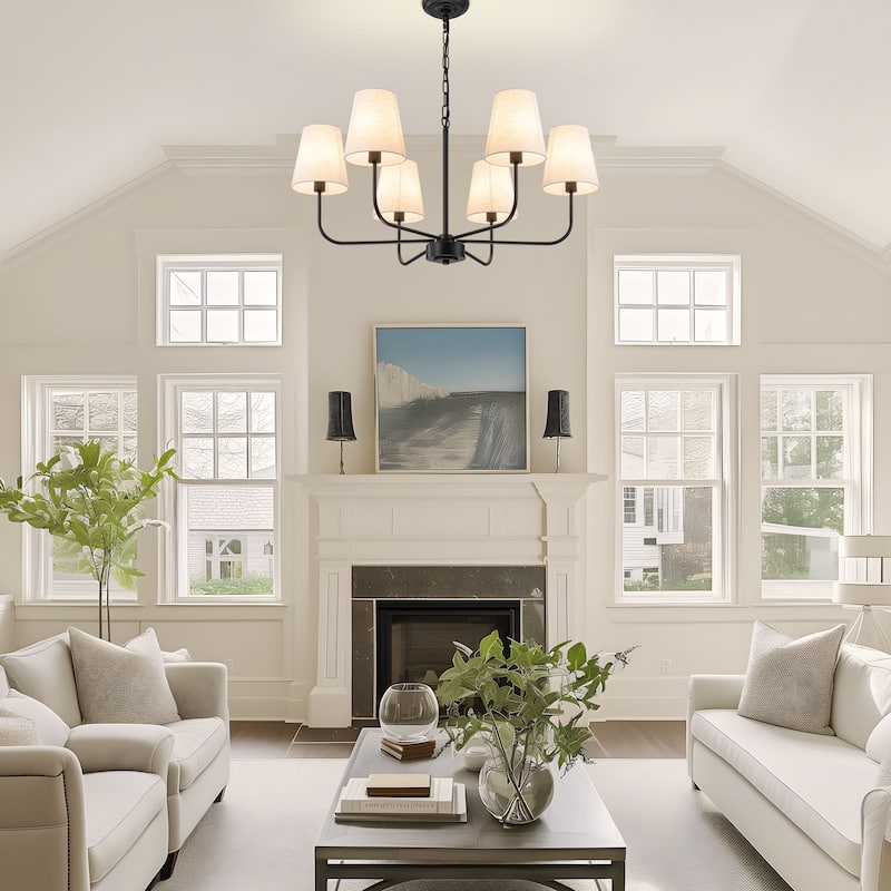 6-Light Metal Chandelier with White Linen Shades