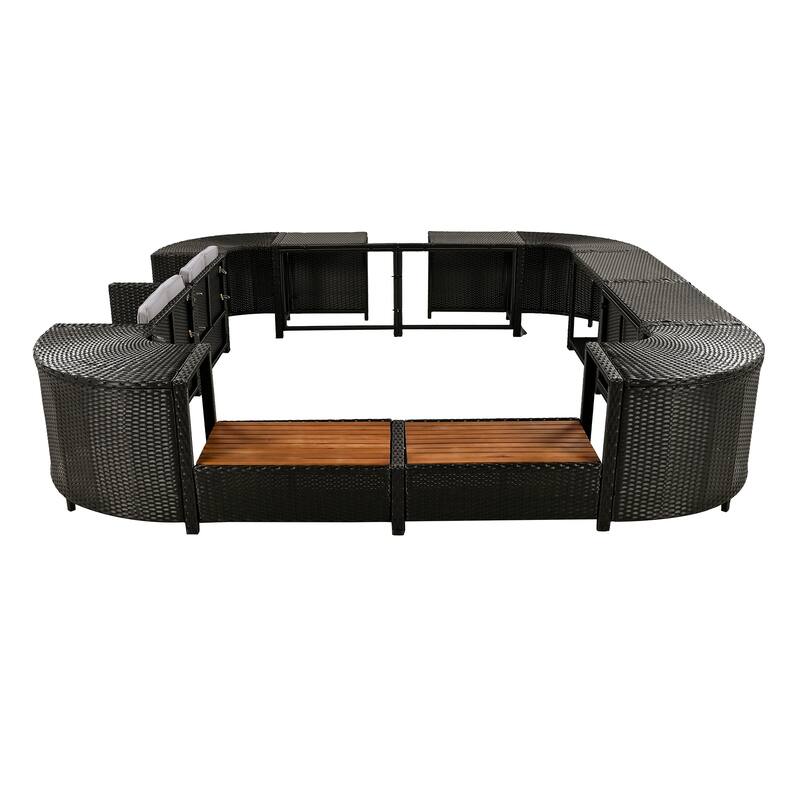 Outdoor Rattan Spa Frame Conversation Sofa Set with Storage & Wooden Bench