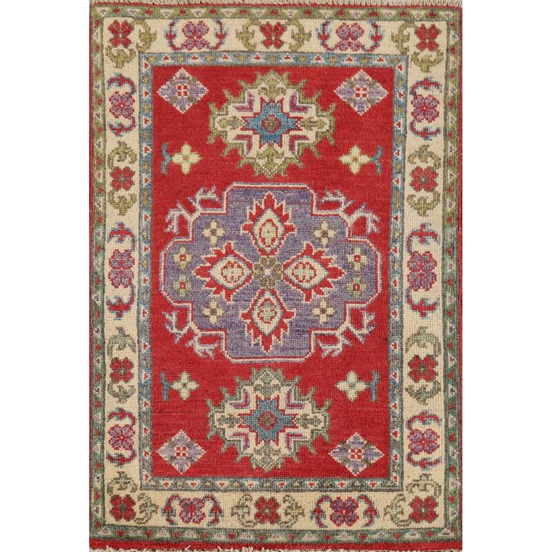 Hand Knotted Oriental 100% Wool Carpet Traditional Geometric Red Kazak Area Rug - 3' 1'' X 2' 1''