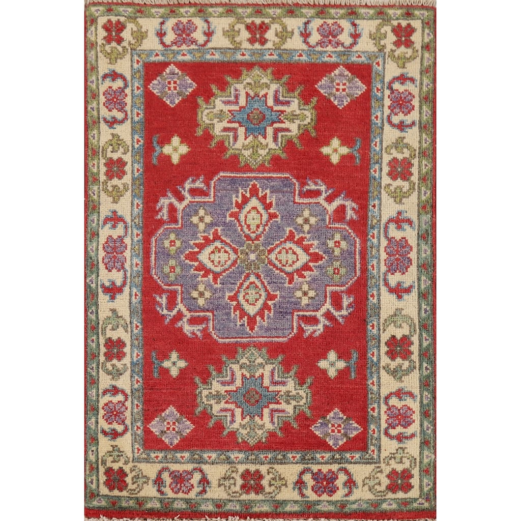 Hand Knotted Oriental 100% Wool Carpet Traditional Geometric Red Kazak Area Rug - 3' 1'' X 2' 1''