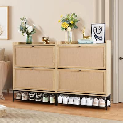 Set of 2 Wooden Narrow Shoe Racks with Flip Drawers