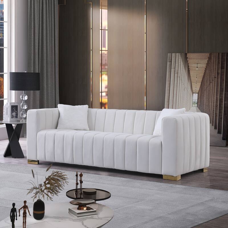 Velvet Channel Tufted 3-seater Sofa with Pillows