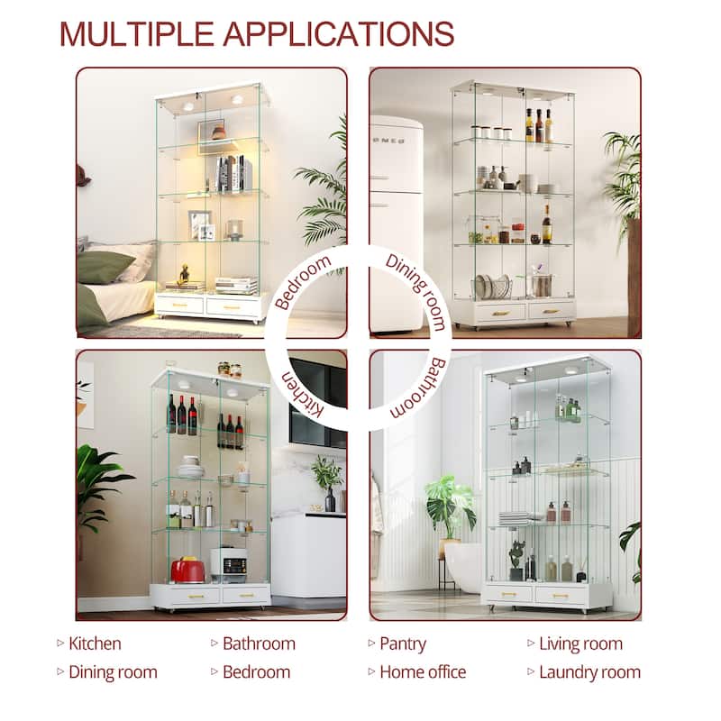 65.9" Modern Glass Display Cabinet with LED Lights, 2 Lockable Drawers & 4 Shelves, Curio Storage Case