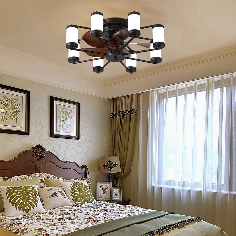 Modern Ceiling Fan Light with 5 Blades and Remote Control, Cylindrical Fixture for Bedroom and Living Room