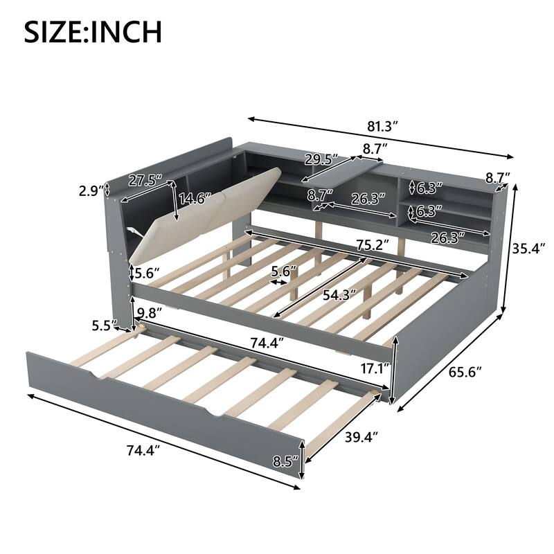 Full Size Platform Bed with Trundle, Storage Headboard, and Shelves in Gray