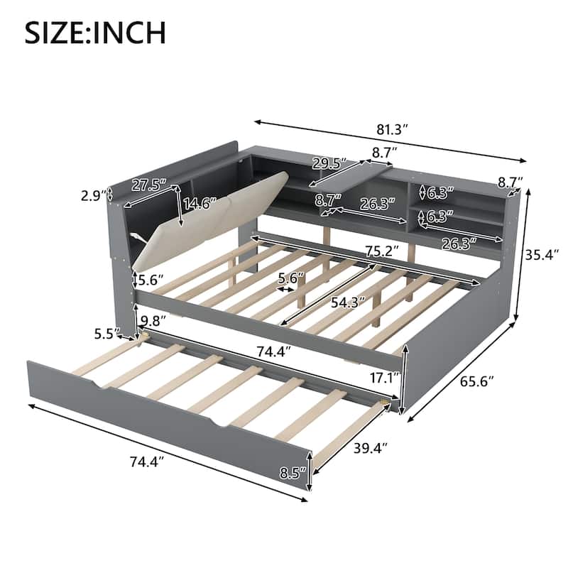 Roomfitters Full Wood Platform Bed with Trundle, Storage Headboard and Functional Display Shelves