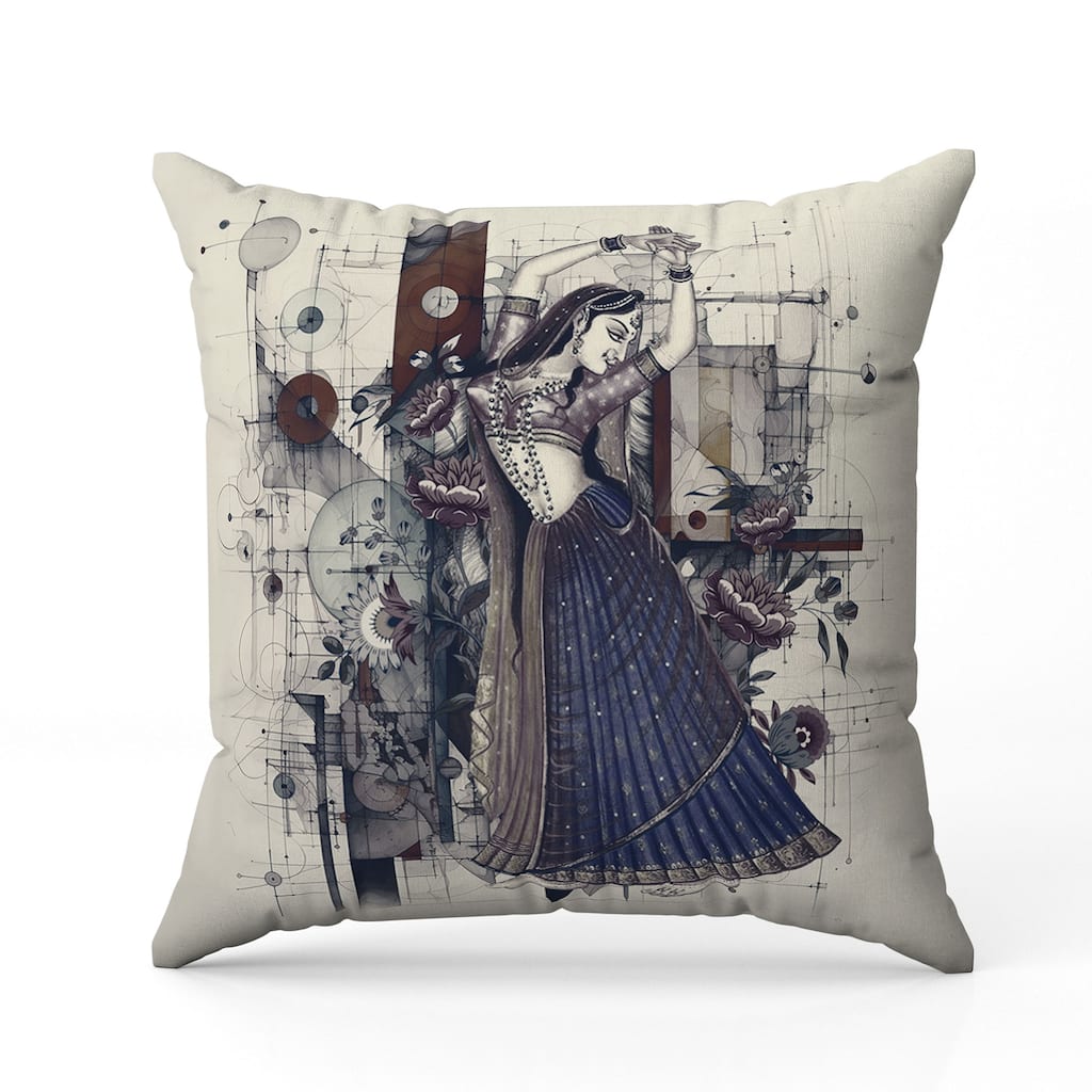 Gracefully Dancing Woman Indoor/Outdoor Reversible Throw Pillow Beige and Blue