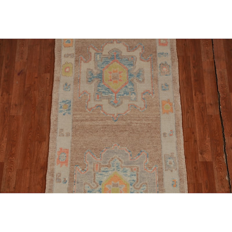 Hand Knotted Oriental 100% Wool Carpet Transitional Geometric Brown Oushak Runner Rug - 10' 2'' X 2' 11''