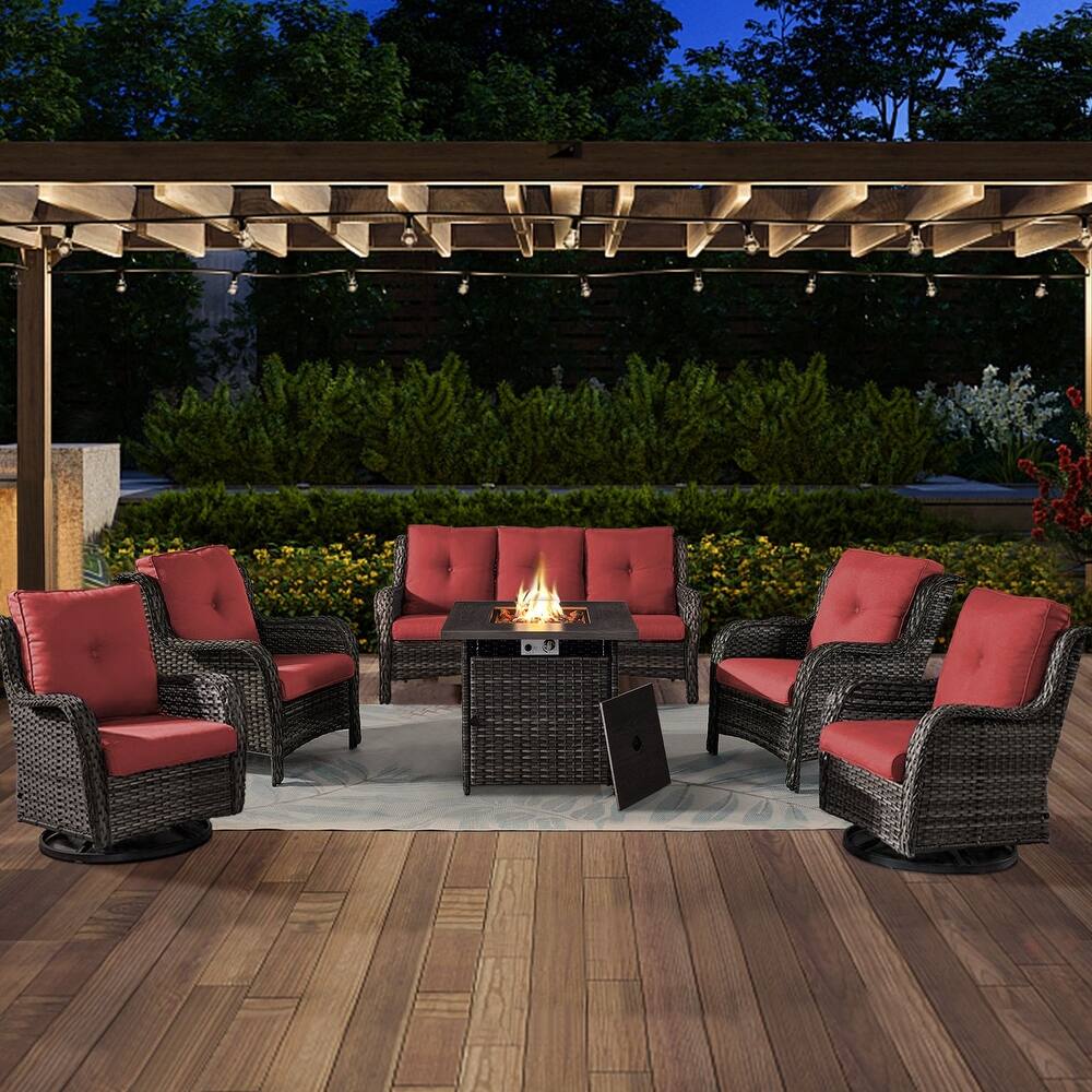 Gymojoy 6-Piece Outdoor Wicker Patio Furniture with Fire Pit Table, Rattan Coversation Set with Water Resistant Thick Cushions